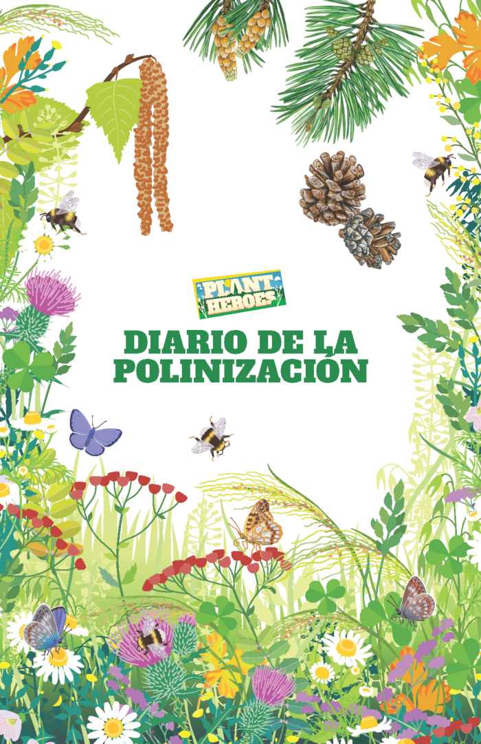 Images of flowers and pollinators on the front cover of the Plant Heroes Pollination Journal cover in Spanish.