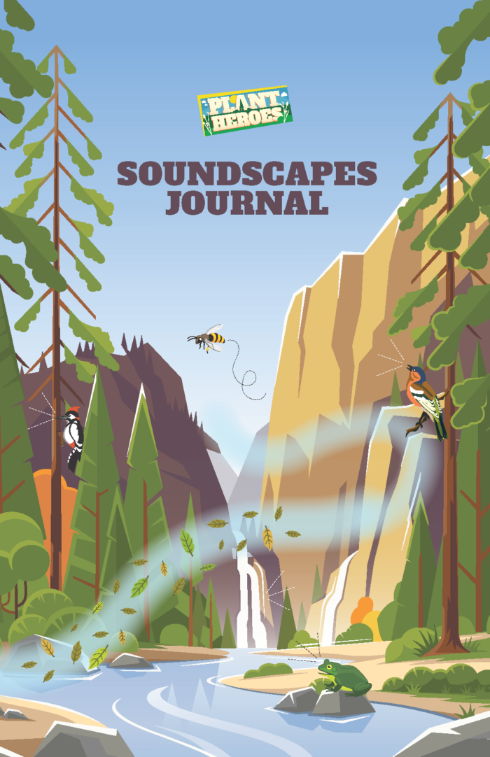 Cover image of Plant Heroes Soundscapes Journal in English with a mountain scene and waterfall.