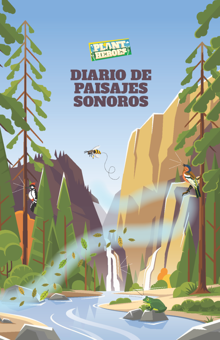 Cover image of Plant Heroes Soundscapes Journal in Spanish with a mountain scene and waterfall.