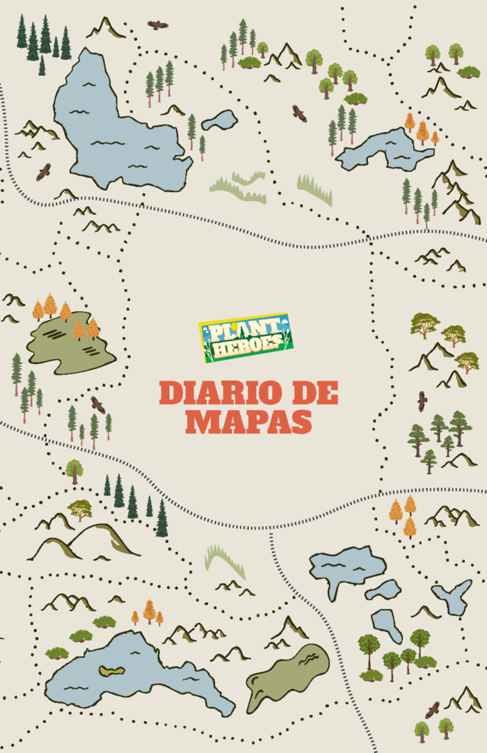Cover image of the Plant Heroes Mapping Journal in Spanish with map symbols.