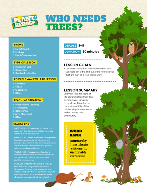 cover image of who needs trees lesson plan with a image of a tree and owl